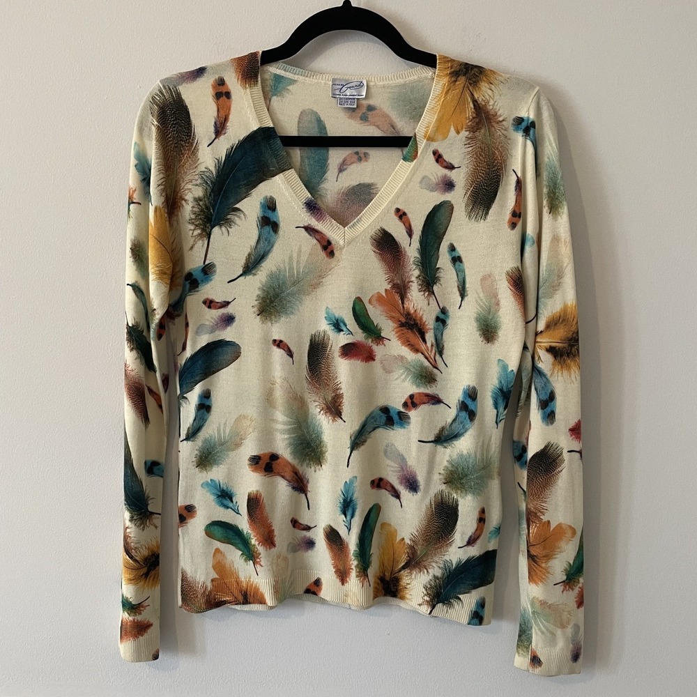 Richard‎ Grand Cashmere Silk Feather Printed Knit Sweater Size S Novelty Luxury